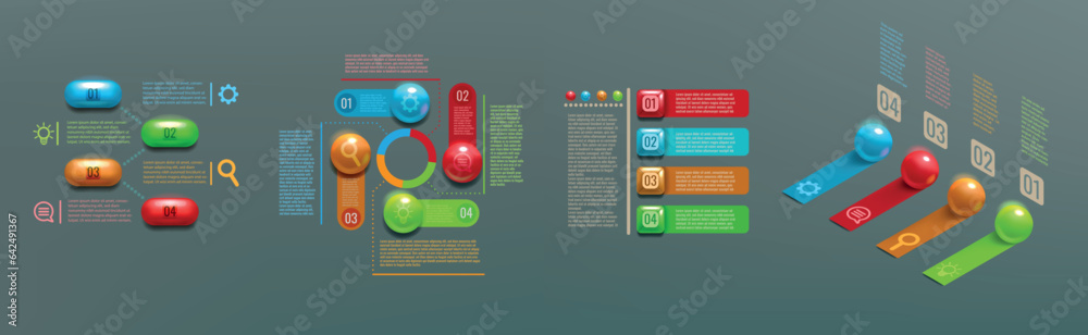 Poster 3D infograph. Flowchart diagram. Digital buttons and balls step elements. Sphere and cube graph cycle options. Circle infographic with number icons. Vector work process banners set