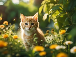 Beautiful cute baby kitten in a summer garden. Little kitten standing on flowers garden. Generative AI