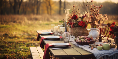Autumn outdoor wood picnic table setting with flowers, wide, copyspace, fall harvest season, rustic, fete party, outside dining tablescape