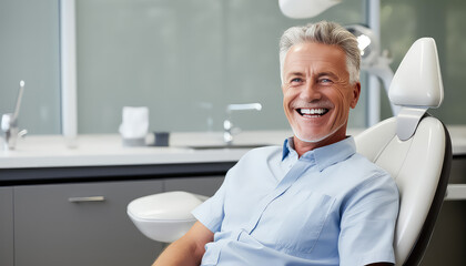 smiling older adult man is sitting in his dentist chair