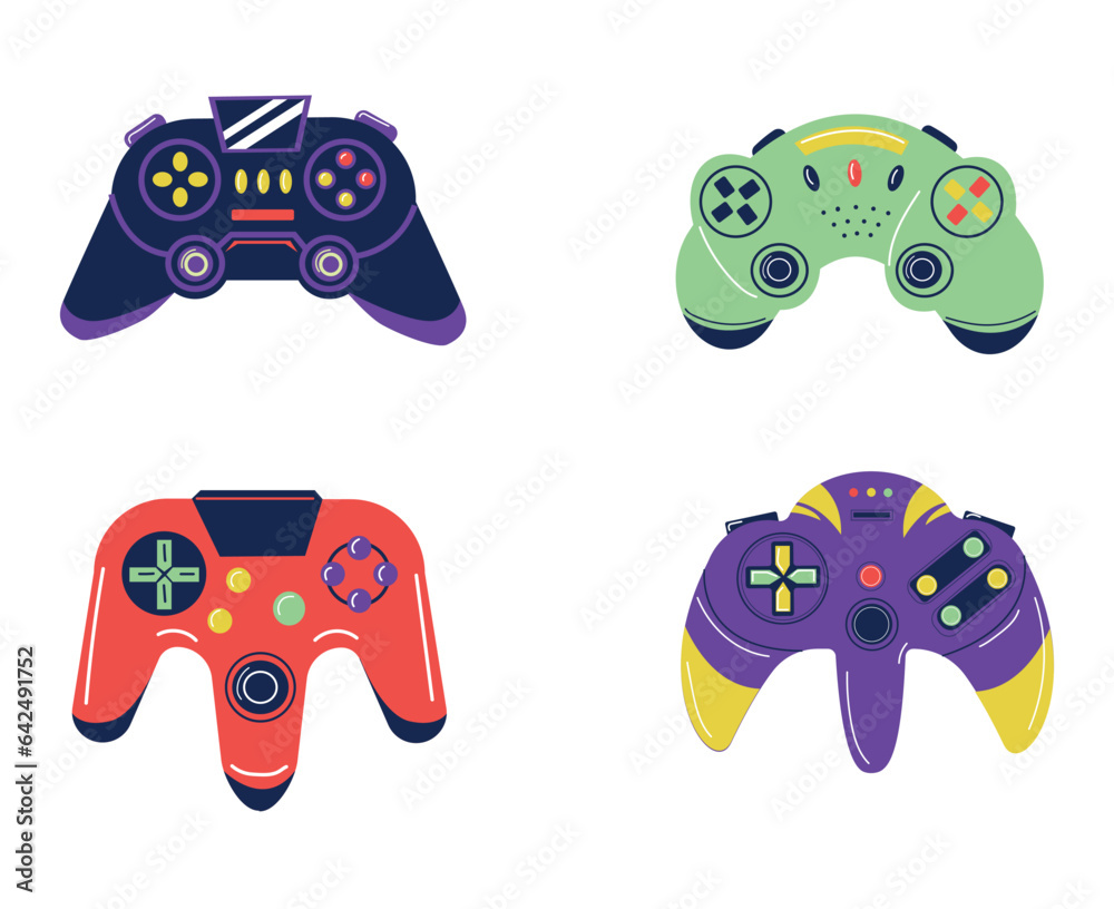 Poster cartoon joystick set. video game equipment. colorful controllers for console. gamepads different for