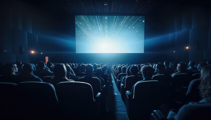Fototapeta na wymiar large audience watching movie mockup white screen in cinema