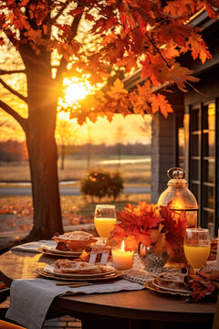 Autumn outdoor dinner table setting at sunset with fall foliage, vertical, harvest season, rustic, fete party, outside dining tablescape