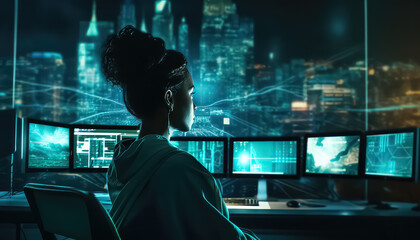 working woman at work in technology control room at night