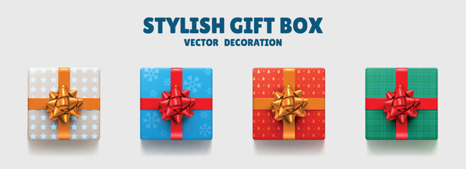 Gift box. Christmas present with winter patterns, top view isolated elements for card with ribbon and bow, gold xmas package, decorative stylish birthday wrap. Vector realistic illustration