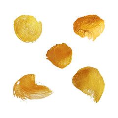 Naklejka premium Set of golden spots, brush strokes. Bright design elements. Abstract vector drawing.