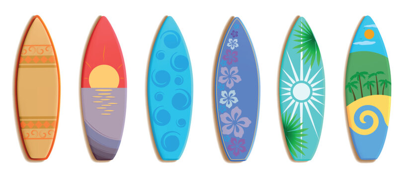 Surf boards. 3D surfboard. Summer ocean vacation. Beach waves on surfer design wood. Tropical sun pattern. Extreme water sport. Shortboard and longboard. Vector isolated surfing set