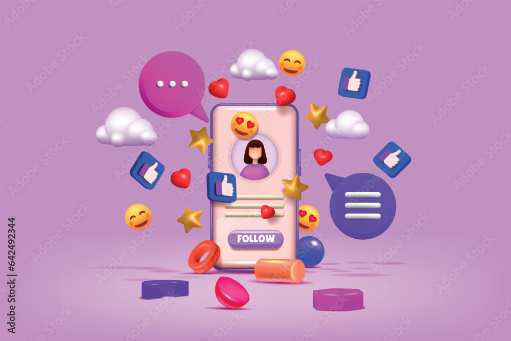 Poster 3d social media icons. chatting emoji. phone with internet marketing elements. digital app for mobil