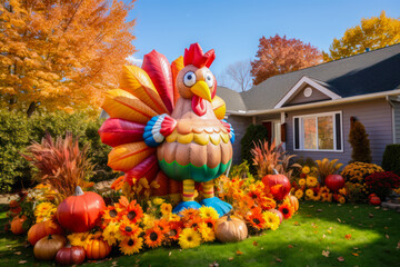 Thanksgiving inflatable turkey and pumpkins front yard display, exterior home decor, seasonal decoration - obrazy, fototapety, plakaty