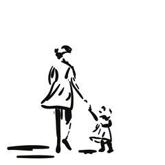 Mother and baby girl, Walking away woman and little girl pull their hands to each other, Short dresses flutter in the wind, Don't go away concept, Freehand drawing vector illustration, Simple sketch