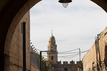 View of Bell Tower and Clock Tower for the Abbey of the Dormition Monastery in Jerusalem, Israel