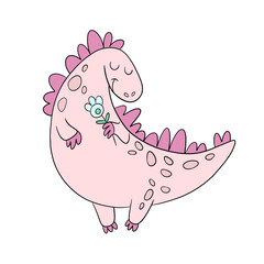 Drawing of a cute pink dinosaur with a flower. Cute pink dinosaur drawing for kids. Colorful hand drawn cartoon style. illustration of dinosaurs isolated on background
