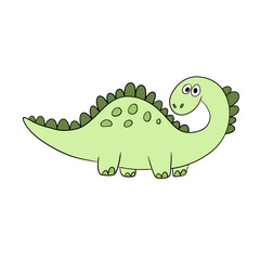 Cute green dinosaur, drawing for children. Colorful hand drawn dinosaur in cartoon style. Cute cartoon animal