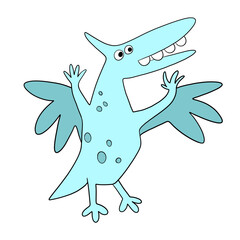 Cute blue dinosaur pterodactyl drawing for children. Colorful hand drawn dinosaur in cartoon style. Cute cartoon animal © Evgeniia