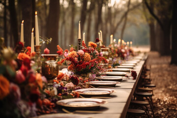 Autumn outdoor long banquet table setting in the woods with candles and flowers, fall harvest season, rustic, fete party, outside dining tablescape - Powered by Adobe