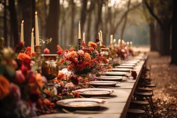 Fototapete Autumn outdoor long banquet table setting in the woods with candles and flowers, fall harvest season, rustic, fete party, outside dining tablescape © Sunshower Shots