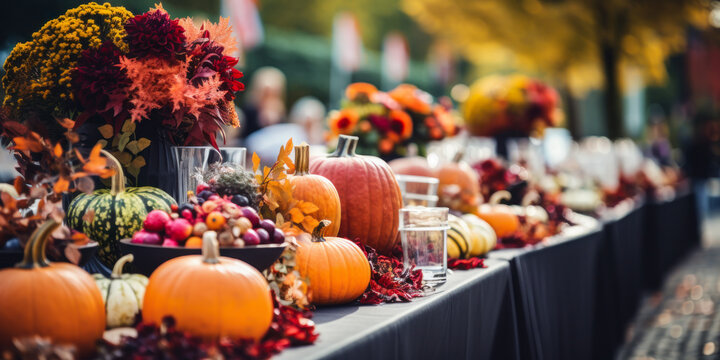 Autumn outdoor long banquet table setting with pumpkins and flowers, wide, fall harvest season, rustic, fete party, outside dining tablescape
