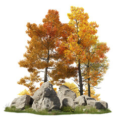 Group of deciduous trees among the rocks. Cutout yellow trees in autumn isolated on transparent background. Forest scape for landscaping or architectural visualisation. Colorful tree line in fall