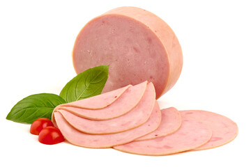 Thinly Sliced Ham, boiled sausage, close-up, isolated on white background. © GSDesign