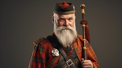 Senior scottish man in traditional uniform isolated on flat color background