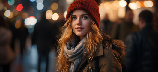 Fototapeta premium portrait of a woman in the city night in autumn or winter season