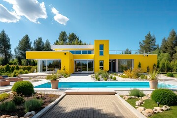 A beautiful yellow house with a sparkling swimming pool in the front yard created with Generative AI technology