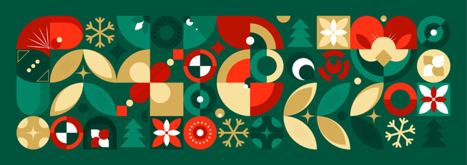 Geometric Christmas background. Mosaic pattern. Bright vector shapes. Abstract banner. Geometric poster design. Vector illustration. Template for holidays, invitations, business and social media.