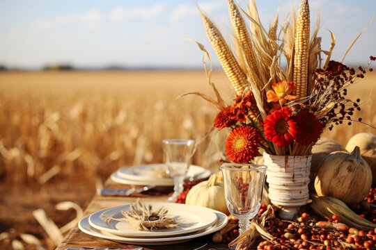 Autumn outdoor dinner table setting with corn and flowers in field, fall harvest season, rustic, fete party, outside dining tablescape
