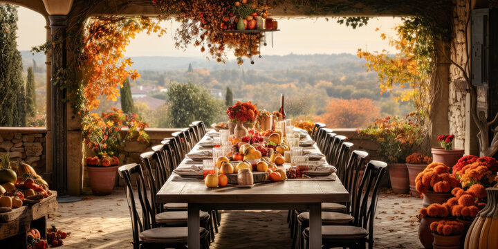 Autumn outdoor dinner table on patio with fall foliage vista, harvest season, rustic, fete party, outside dining tablescape