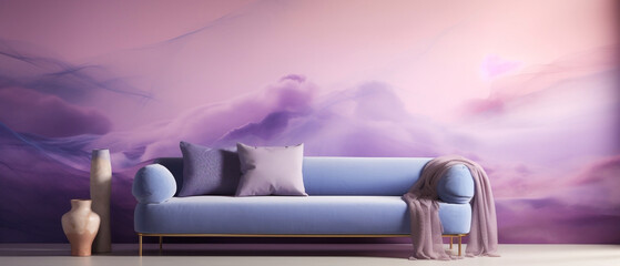 Fioletowy salon - mockup na obraz. Fioletowe wnętrze i kanapa. Projekt, architektura.