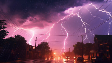 Lightning discharge during rain on the sky. There is purple lightning over a city street.