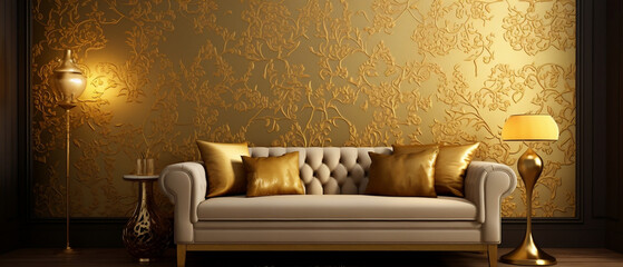 Salon - render 3d. Złote wnętrze. Ornament na ścianie. Mockup na obraz do zawieszenia.