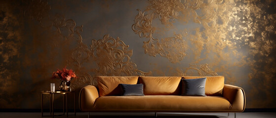 Mockup - obraz na ścianie. Ciemne wnętrze, brązowa kanapa i złota zdobiona ściana. Render 3d