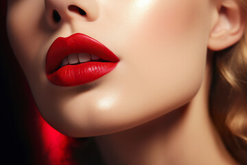 Obraz premium A close-up of a model's red lips adorned with luxurious red lipstick. The image showcases glamour, elegance, and a touch of retro style.