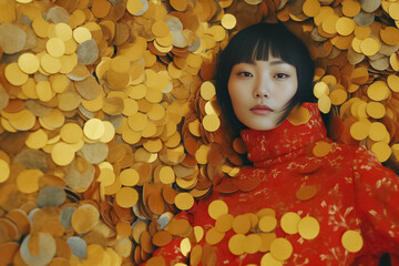 Obraz na płótnie Canvas Photo of a woman born on a pile of gold coins. Woman wearing red t shirt sleeping on a pile of gold coins. Generative AI.