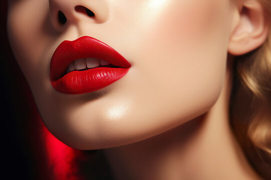 A close-up of a model's red lips adorned with luxurious red lipstick. The image showcases glamour, elegance, and a touch of retro style.