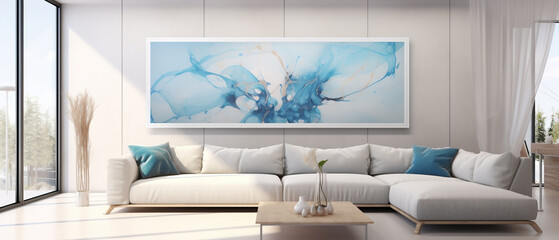 Mockup - abstrakcyjny obraz na ścianie w salonie. Wizualizacja jasnego wnętrza. Biel i błękit. Render 3d - obrazy, fototapety, plakaty