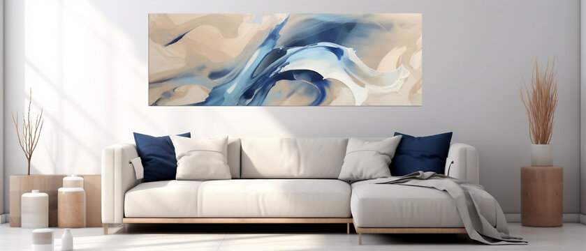 Mockup produkt - obraz na ścianie w salonie. Wizualizacja jasnego wnętrza. Biel i błękit. Render 3d