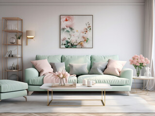 Pastelowy salon - miętowa kanapa. Mockup - obraz na ścianie. Miętowe i różowe wnętrze. Wizualizacja 3d - obrazy, fototapety, plakaty