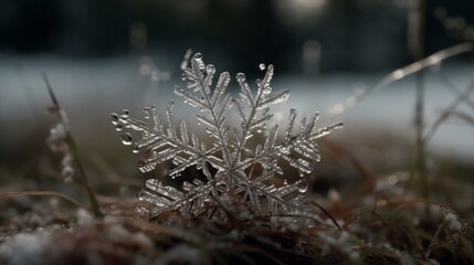 A close-up of a snowflake melting in a field AI generative