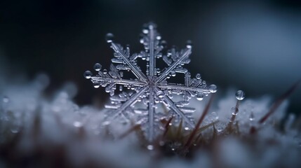 A close-up of a snowflake melting in a field AI generative