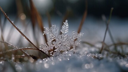 A close-up of a snowflake melting in a field AI generative