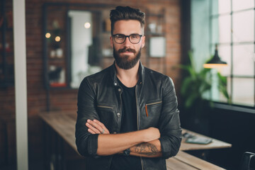 Fototapeta na wymiar Confident and smiling handsome hipster man standing in the office