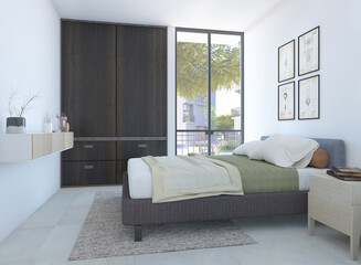 3d render minimalist apartment bedroom with exterior view