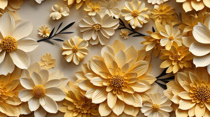 Graphic illustration 3D flower pastel color blooming in random order. Top view. Desktop wallpaper style.
