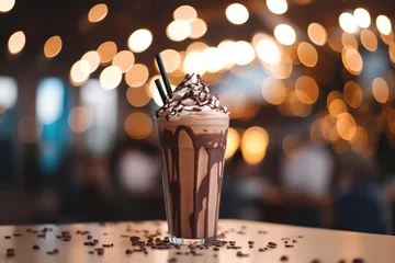 Rolgordijnen a delicious chocolate milk shake with a straw on a table in a restaurant © urdialex