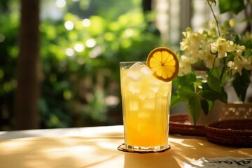 a glass of fresh lemonade with a slice of lemon and a straw  - obrazy, fototapety, plakaty
