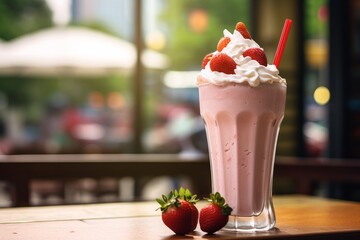 delicious pink strawberry milkshake in a bar