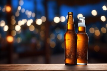 a bottle of beer with a fresh glass of beer on a table with copy space - obrazy, fototapety, plakaty