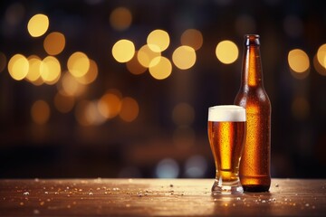 a bottle of beer with a fresh glass of beer on a table with copy space